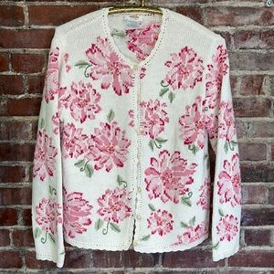 Hand knit cotton pink floral button up granny sweater spring summer peonies
